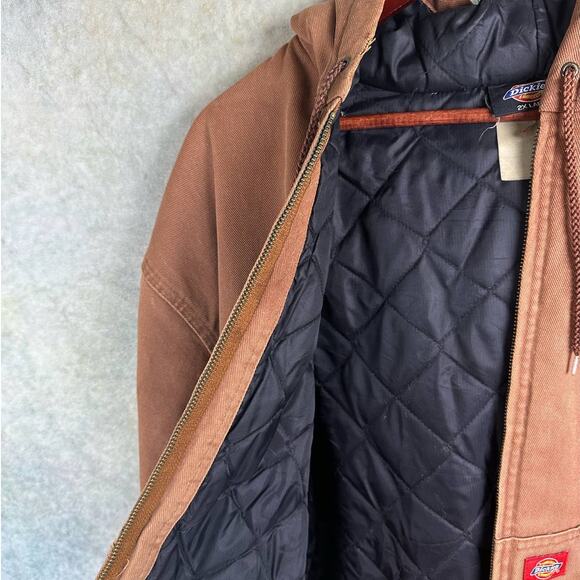 Vintage 90s Dickies Work Jacket Mens 2XL Hooded Quilted Lined Tan Brown Full Zip - Picture 4 of 9